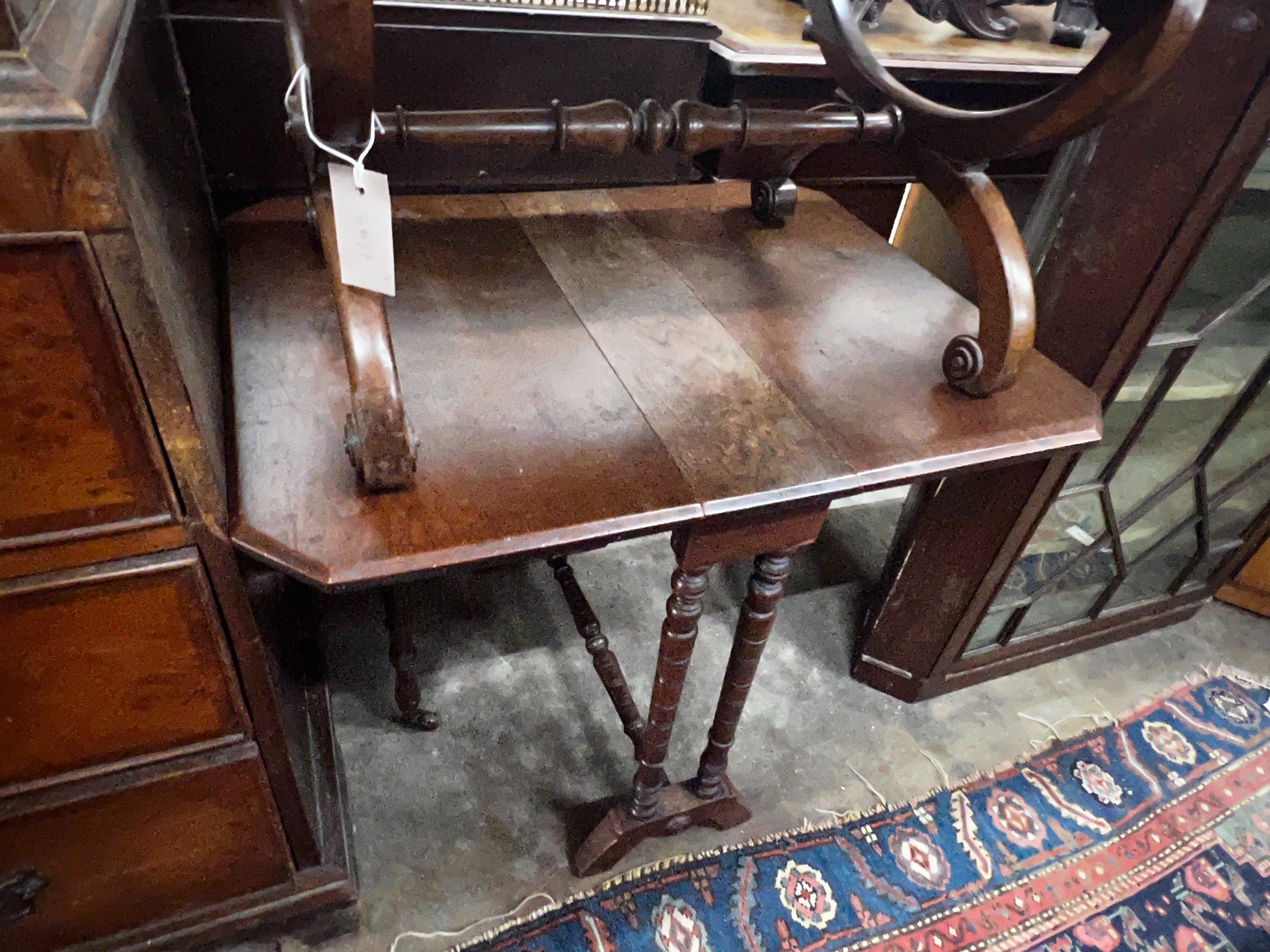 A Victorian rosewood X frame dressing stool, Sutherland table and glazed hanging corner cabinet